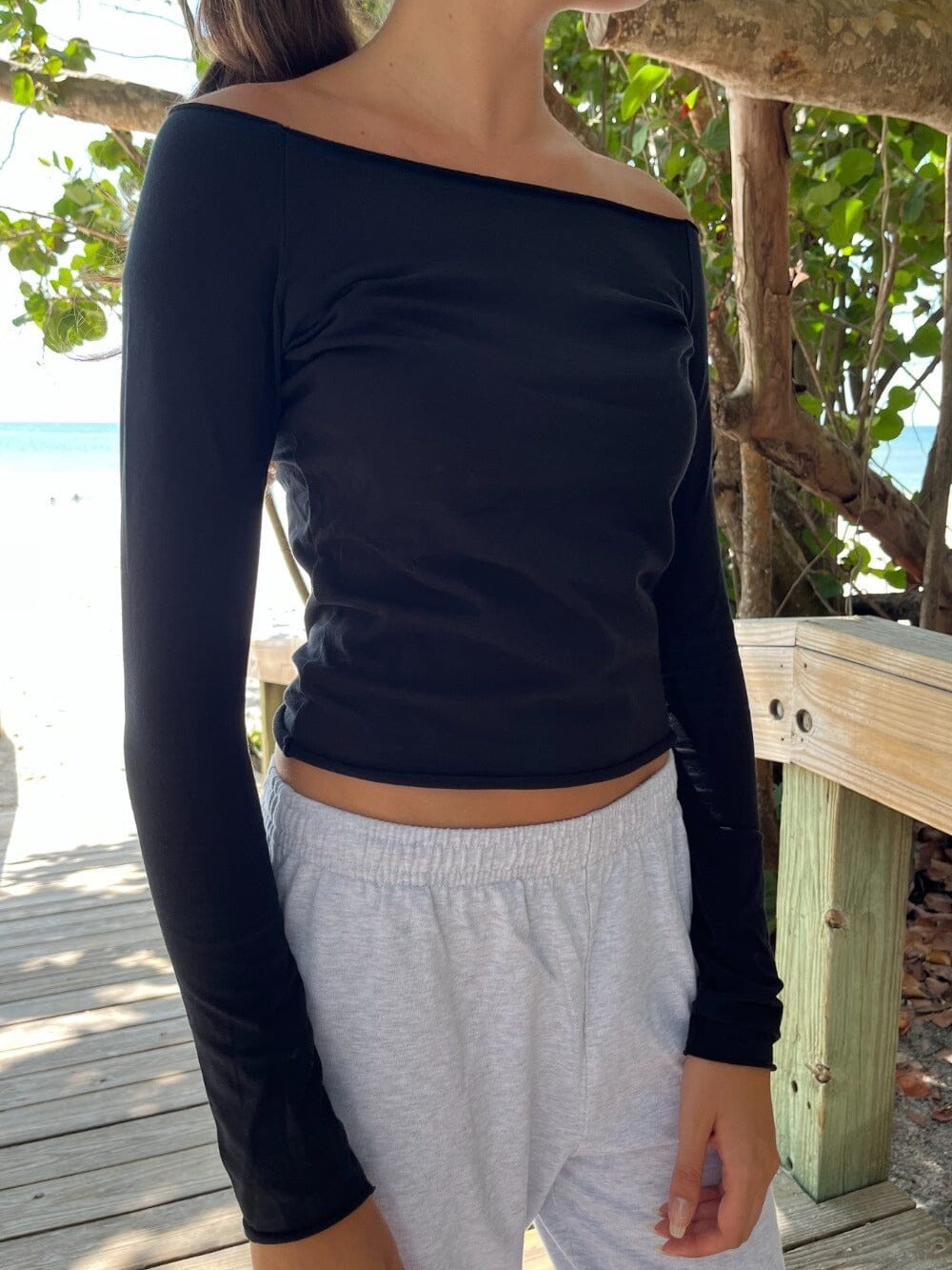 Brandy Melville “Bonnie Top” long-sleeve off the shoulder tees - set of 2 - Picture 2 of 8